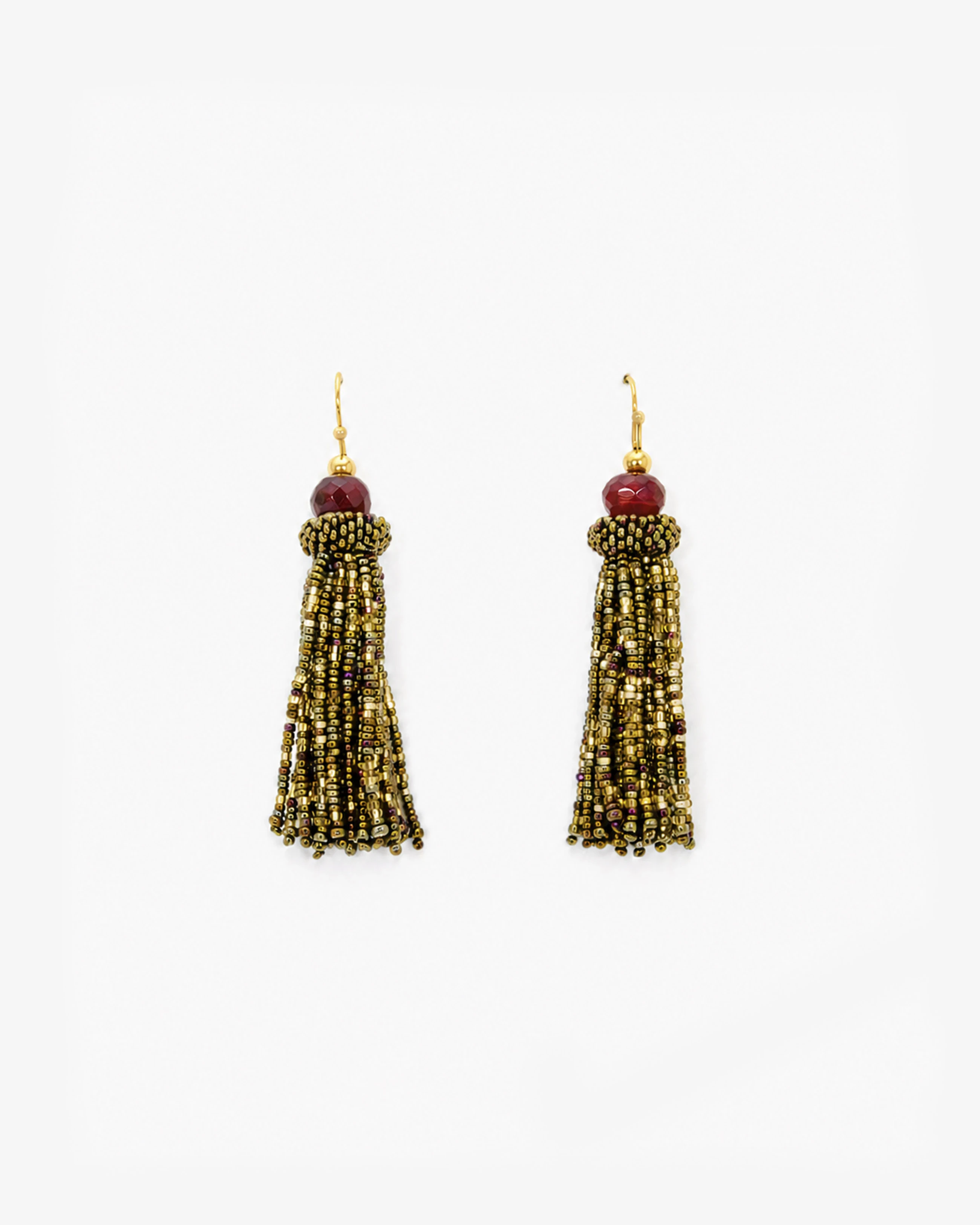Agate & Bronze Tassel Earrings — Agate and Czech glass bead tassel earrings, bronze and golden beads with faceted maroon agate top, gold-plated hooks and components.