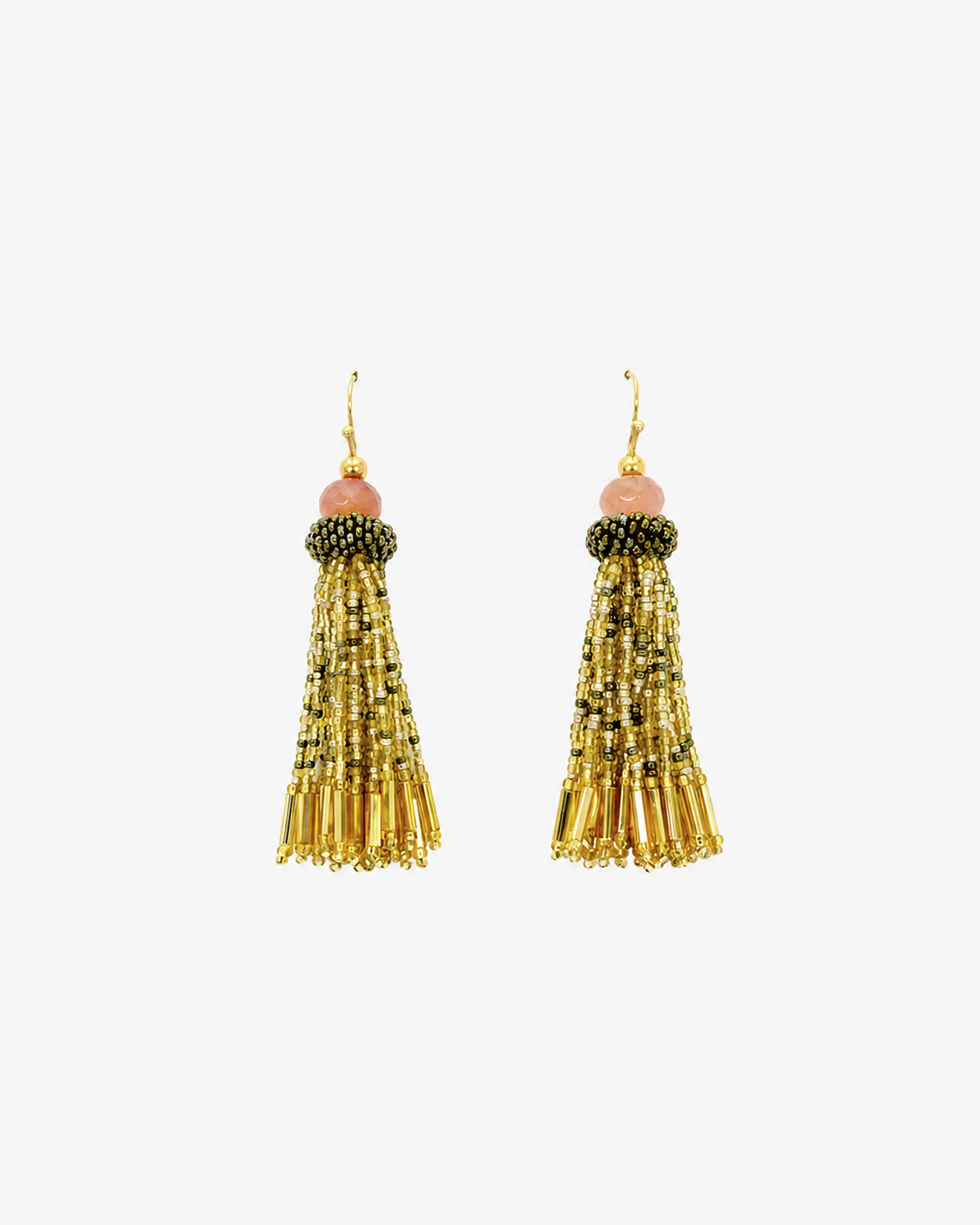 Agate & Golden Tassel Earrings — Agate and Czech glass bead tassel earrings, golden and bronze beads with peach agate top, gold-plated hooks.