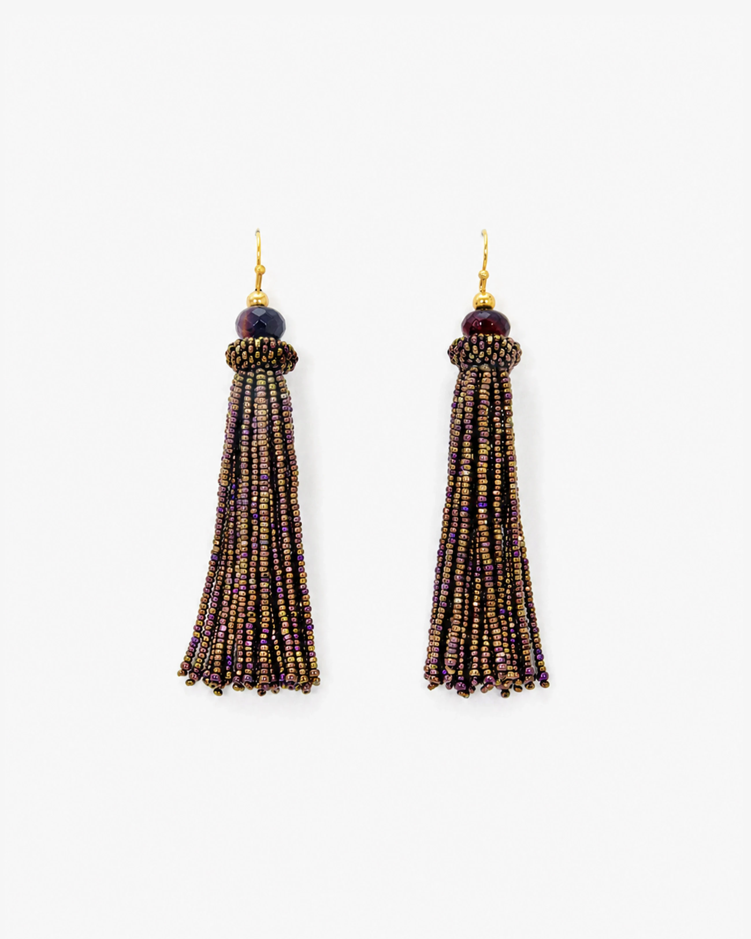 Agate and Czech glass bead long tassel earrings, metallic purple beads with faceted agate top, gold-plated hooks.