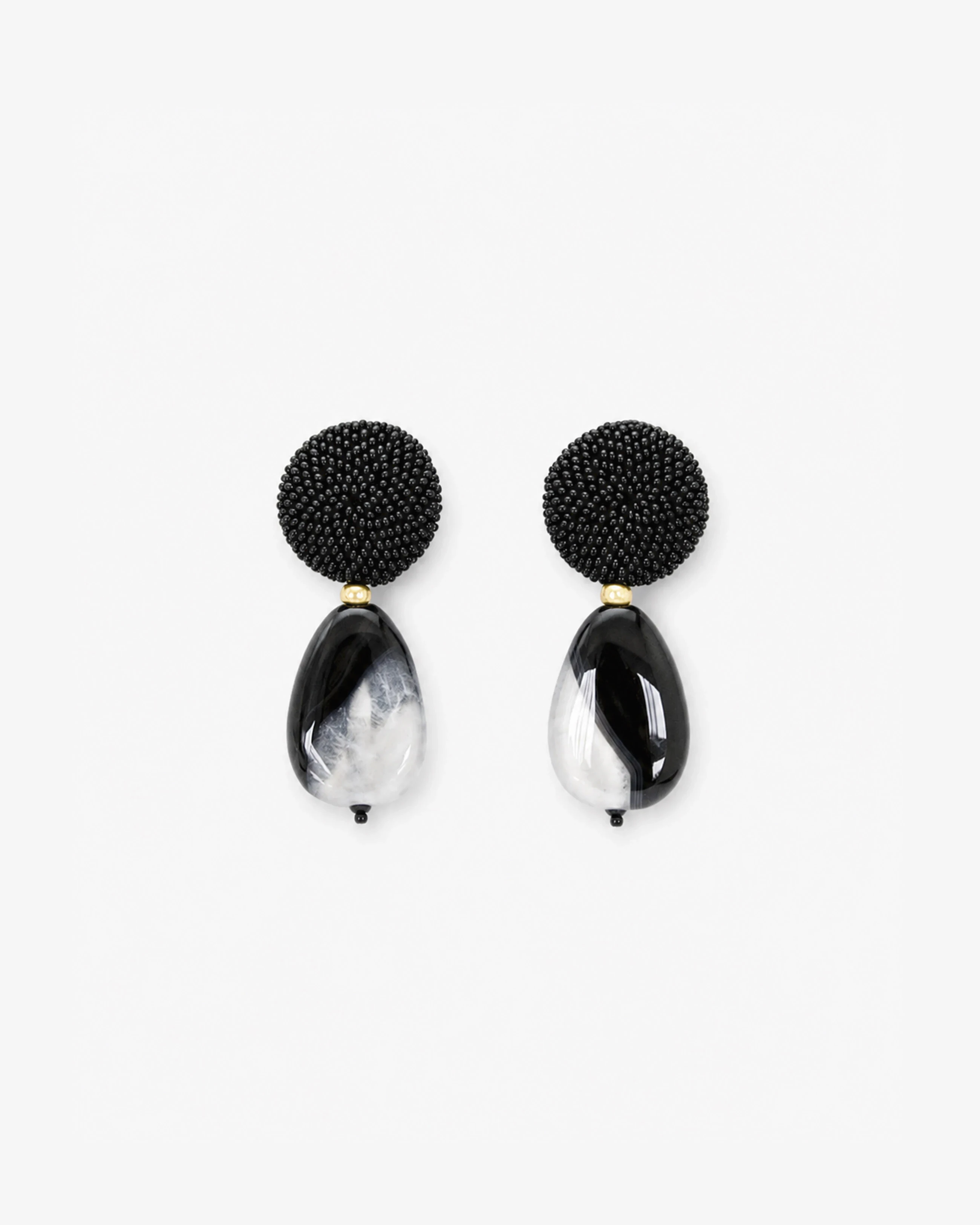 Black & White Agate Drop Earrings with Black Beaded Round Top — black and white agate drop earrings with black beaded round top front