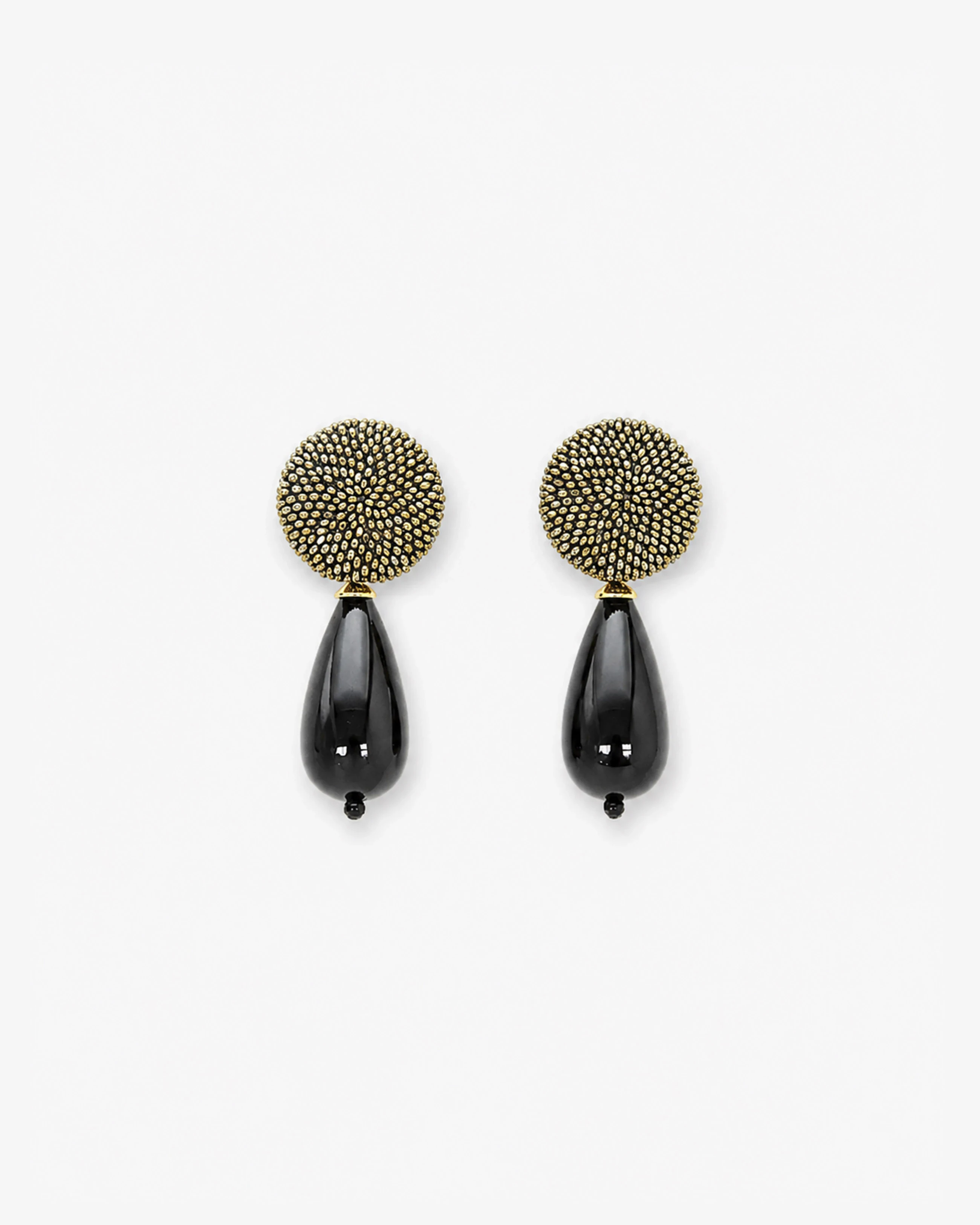 Black Onyx Teardrop Earrings with Bronze Beaded Round Top — front view