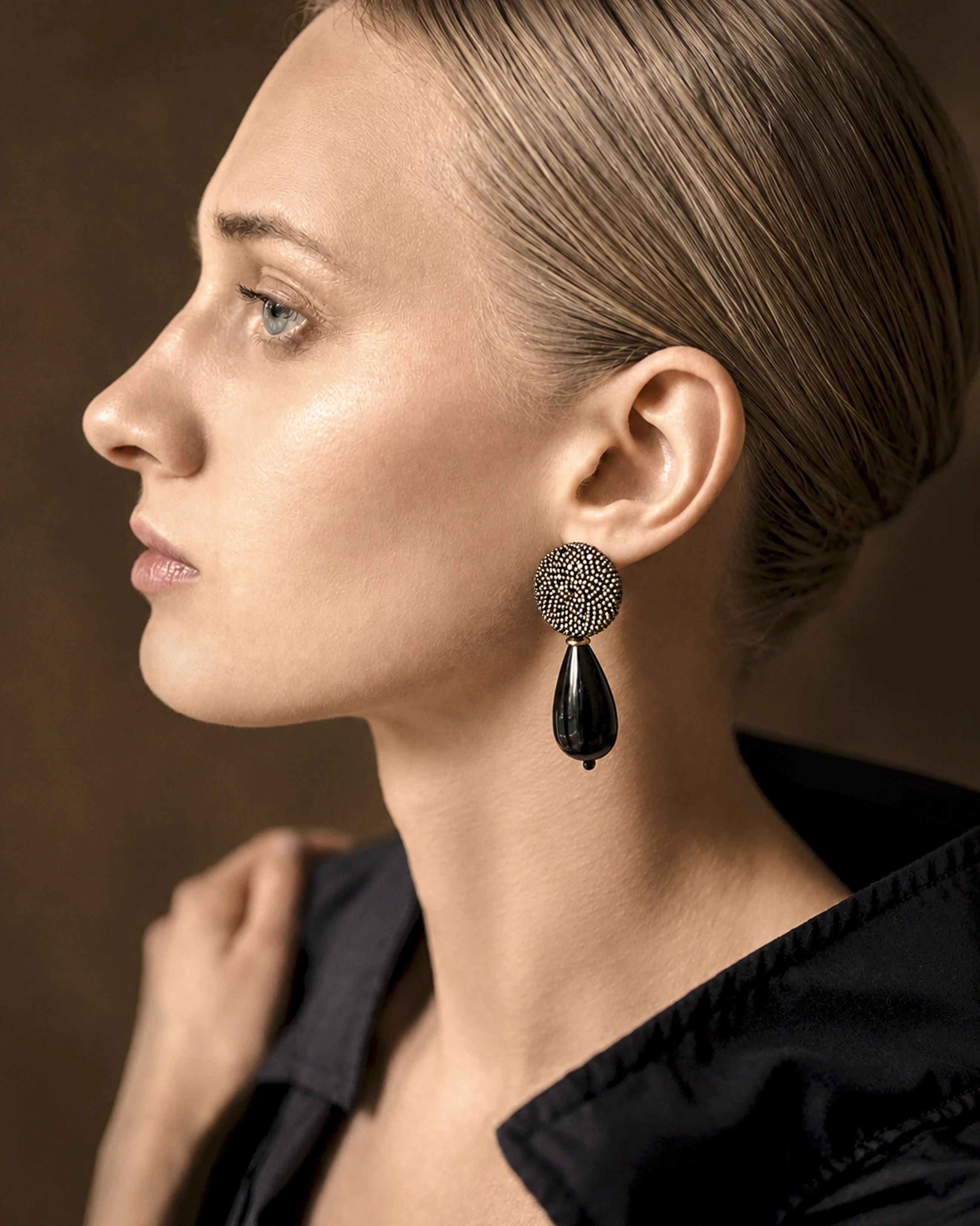 Black Onyx Teardrop Earrings with Bronze Beaded Round Top — alternate view