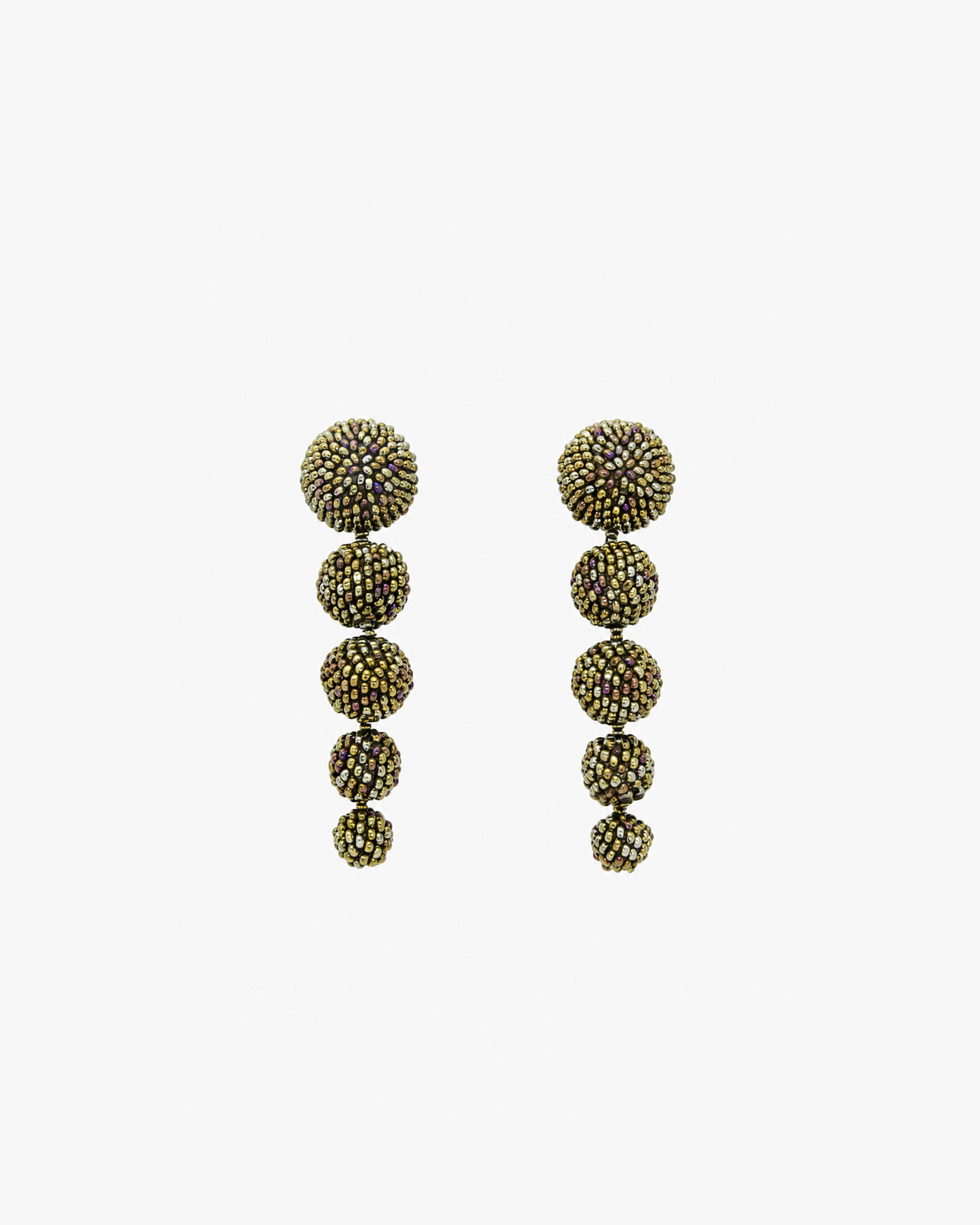 Long Sculptural Beaded Drop Bronze Earrings — front view