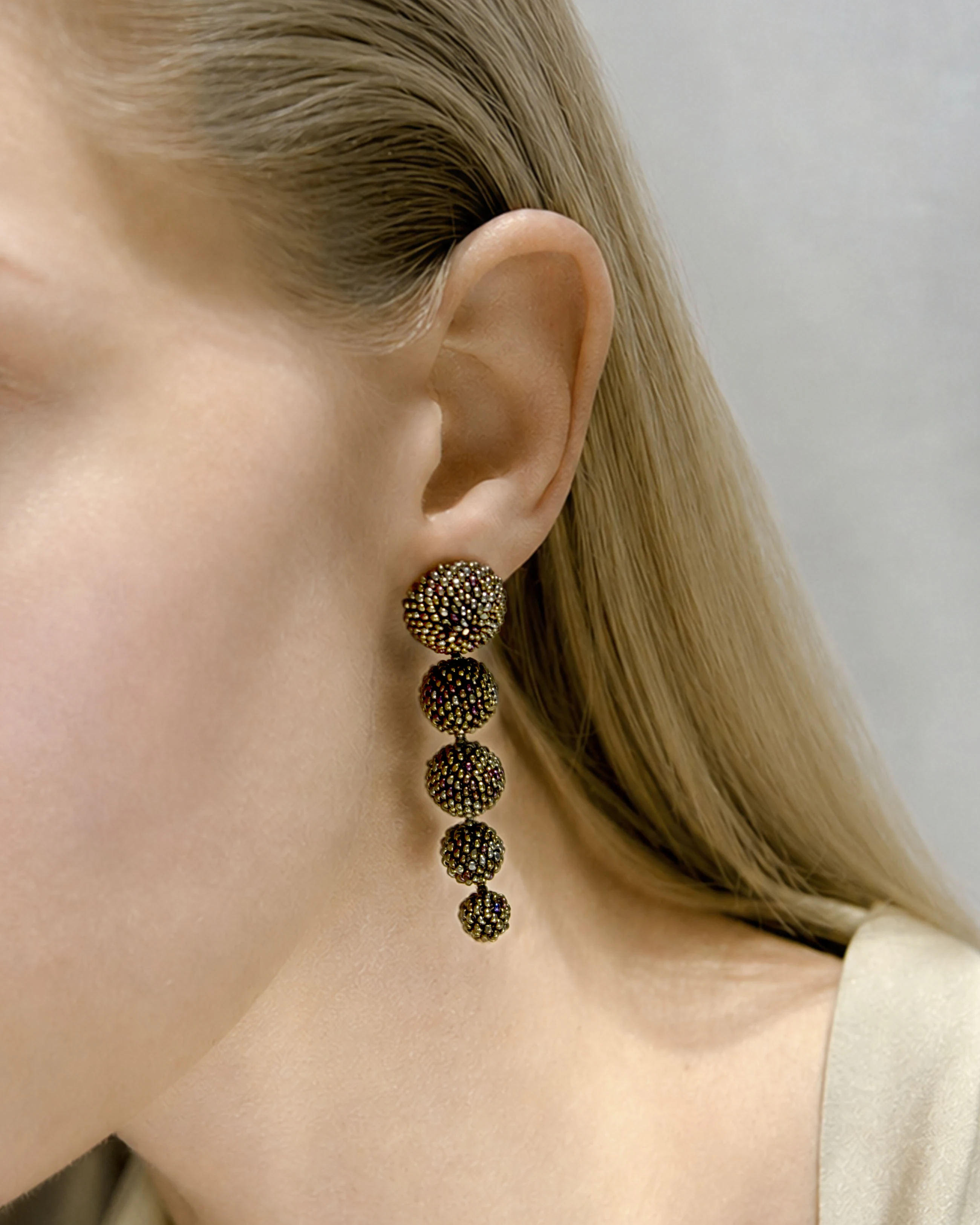 Long Sculptural Beaded Drop Bronze Earrings — alternate view