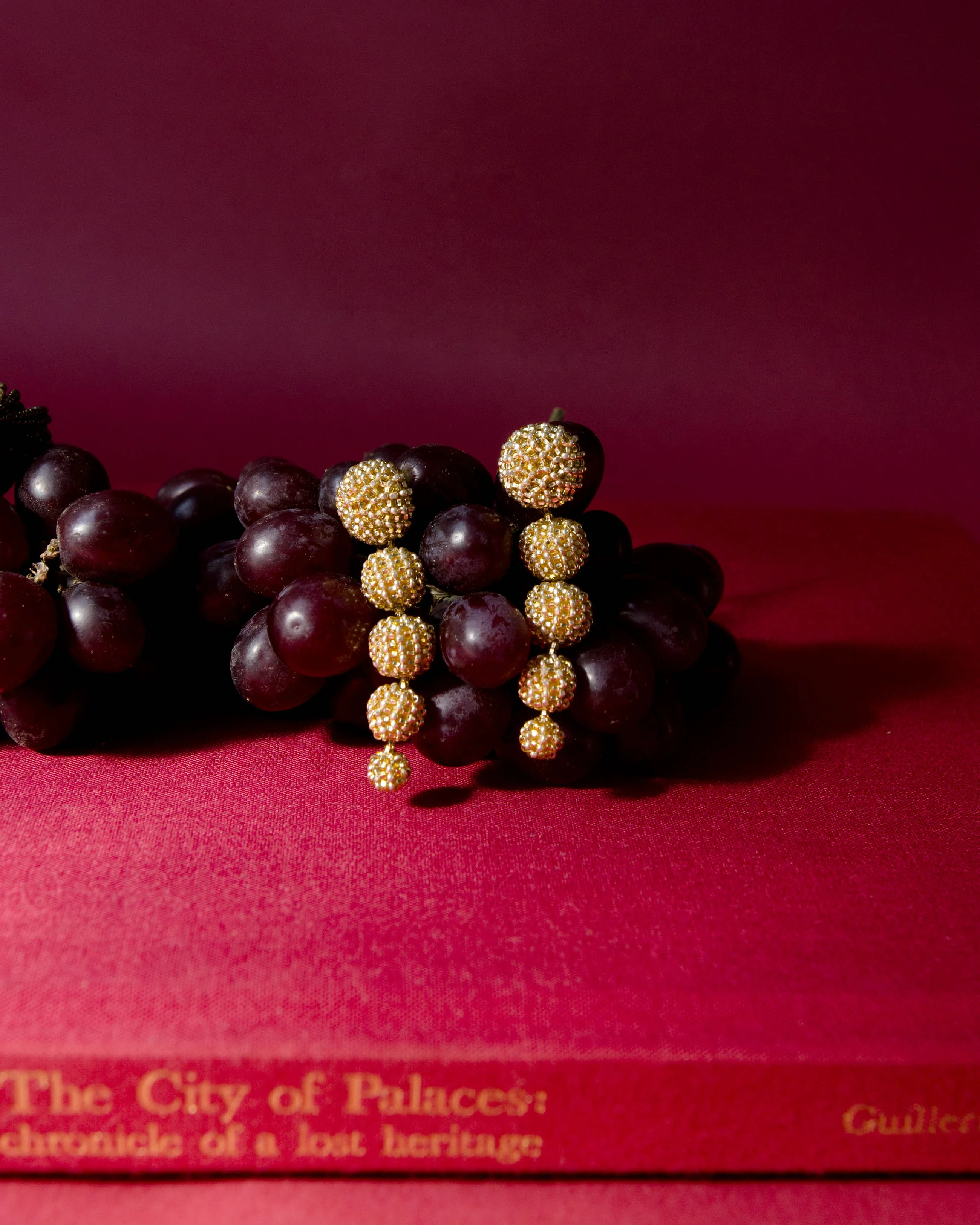 Long Sculptural Beaded Drop Golden Earrings — alternate view