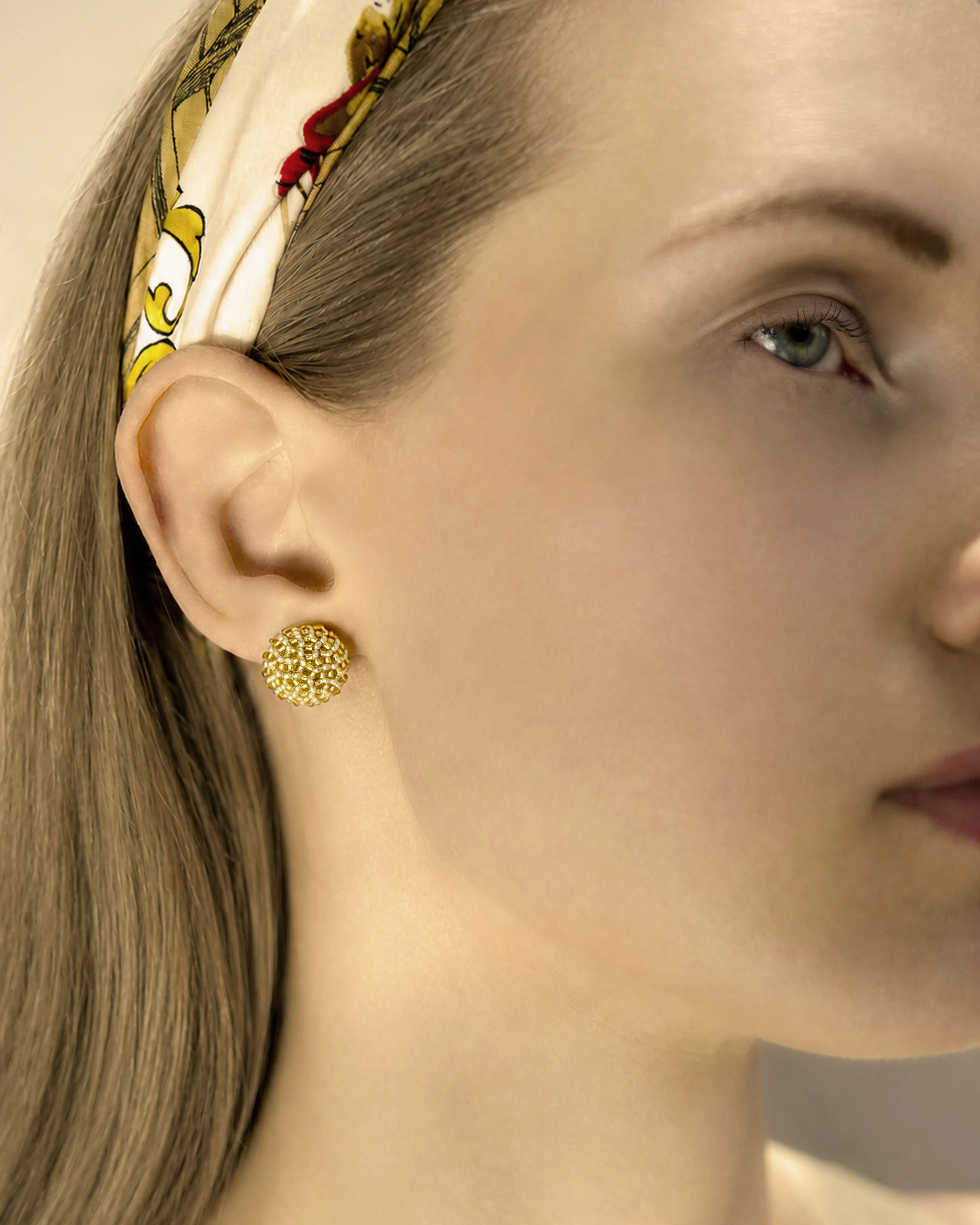Textured Dome Stud Beaded Golden Earrings — alternate view