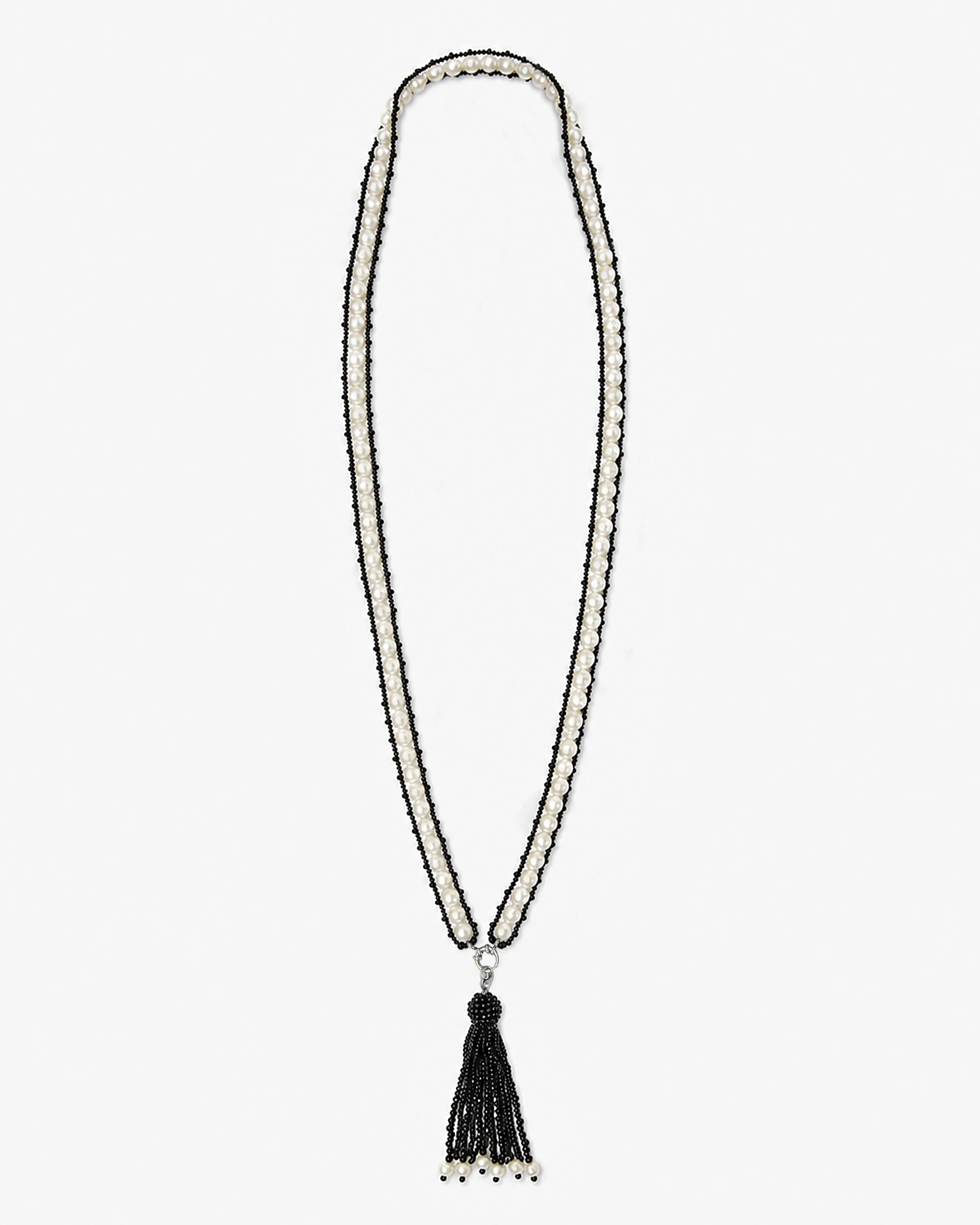 Freshwater Pearl Sautoir Long Necklace with Black Spinel — pearl sautoir necklace front